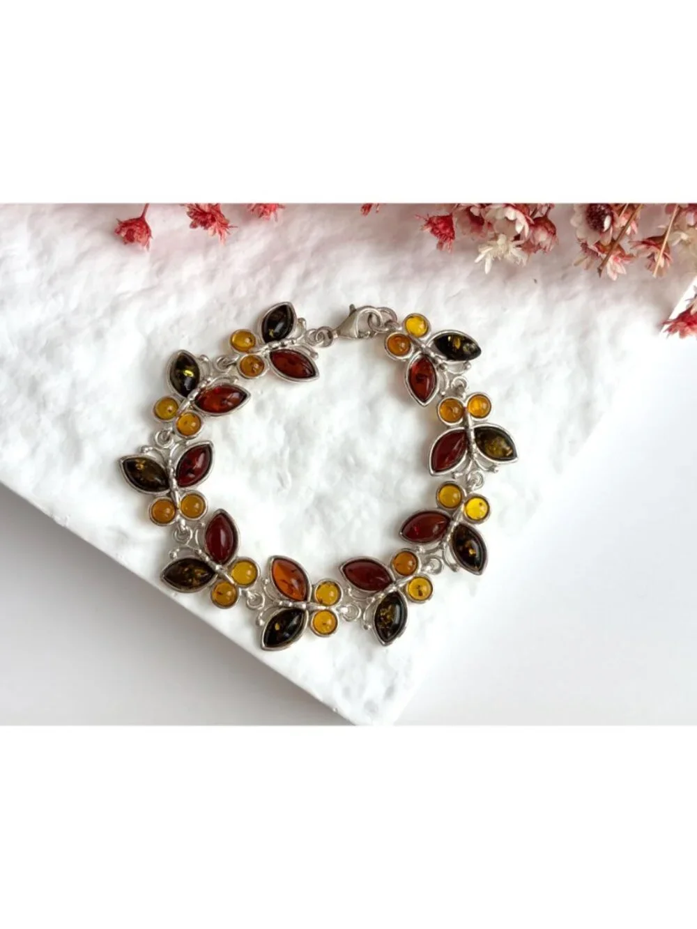 Baltic Amber Butterfly Figural Chainlink Sterling Silver 925 Vintage Bracelet